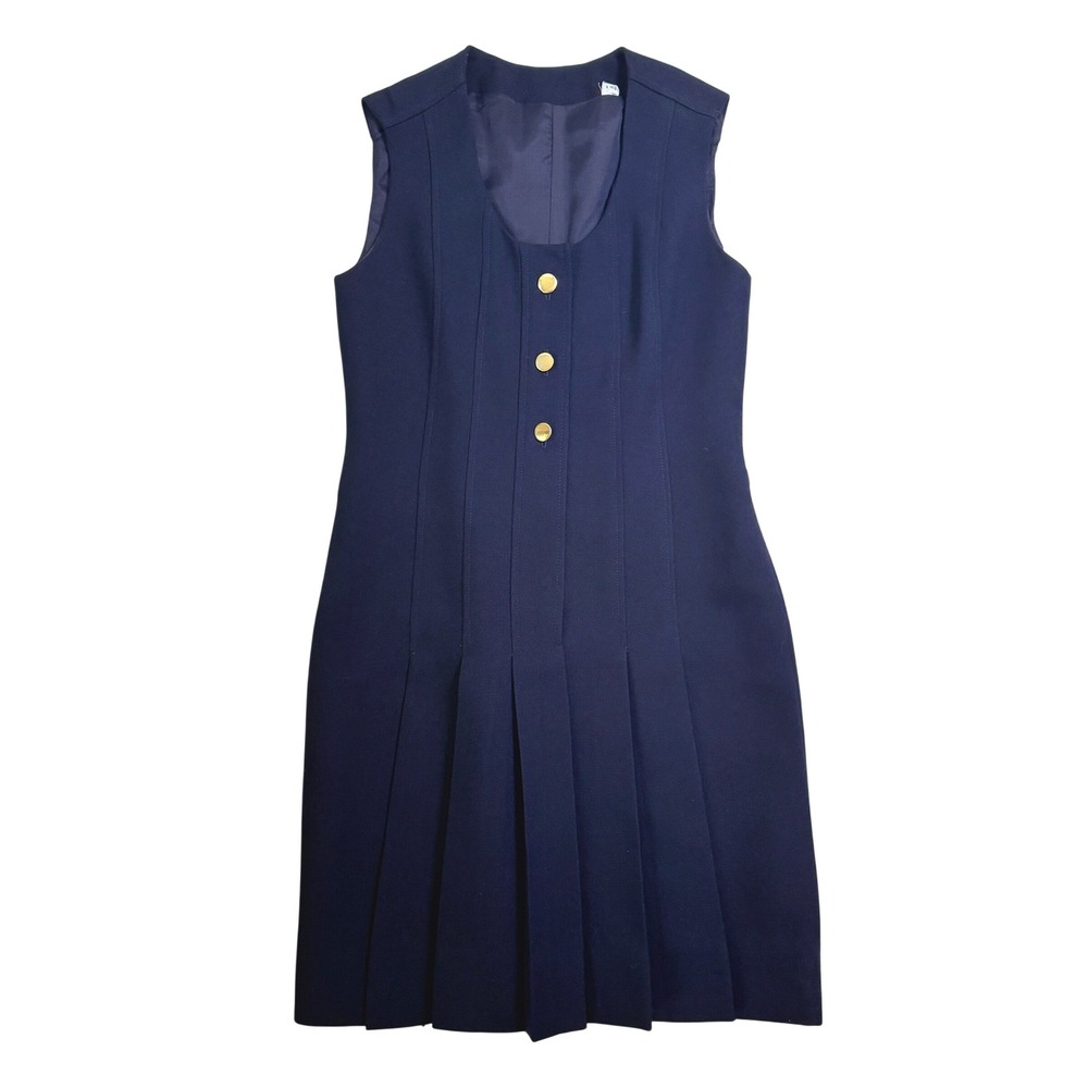 Vintage 60's Pleated Gold Button Shift Jumper Dress Womens 6 Navy Blue Mod 1960s